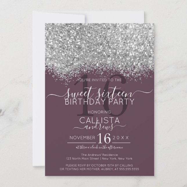 Luxury Silver Purple Glitter Confetti Sweet 16 Invitation (Front)