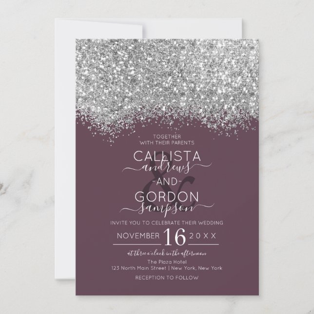 Luxury Silver Purple Glitter Confetti Wedding Invitation (Front)