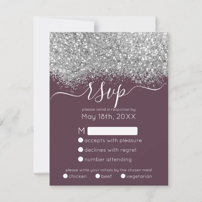 Luxury Silver Purple Glitter Confetti Wedding RSVP Card (Front)