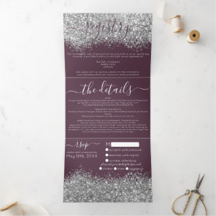 Luxury Silver Purple Glitter Registry Detail RSVP Tri-Fold Invitation