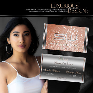 Luxury Silver Rose Gold Glitter Spark 3D Monogram Business Card