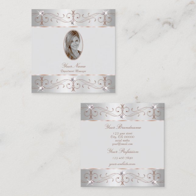 Luxury Silver Rose Gold Ornate Ornaments Add Photo Square Business Card (Front/Back)