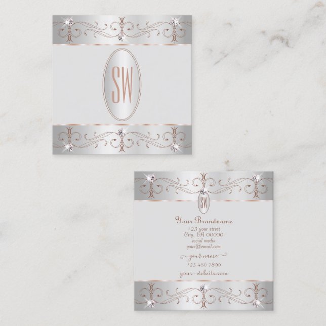 Luxury Silver Rose Gold Ornate Ornaments Monogram Square Business Card (Front/Back)