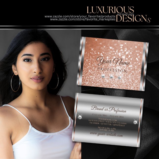 Luxury Silver Rose Gold Sparkle Glitter Diamonds Business Card (Creator Uploaded)
