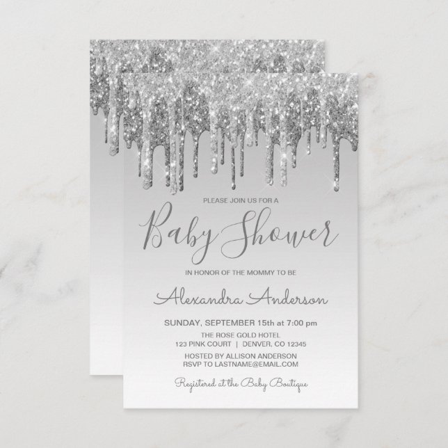 Luxury Silver Sparkle Glitter Baby Shower Invitation (Front/Back)