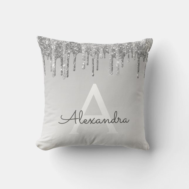 Luxury Silver Sparkle Glitter Monogram Cushion (Front)