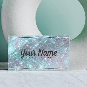 Luxury Silver Teal Marbled Glitter Shiny Stars Business Card