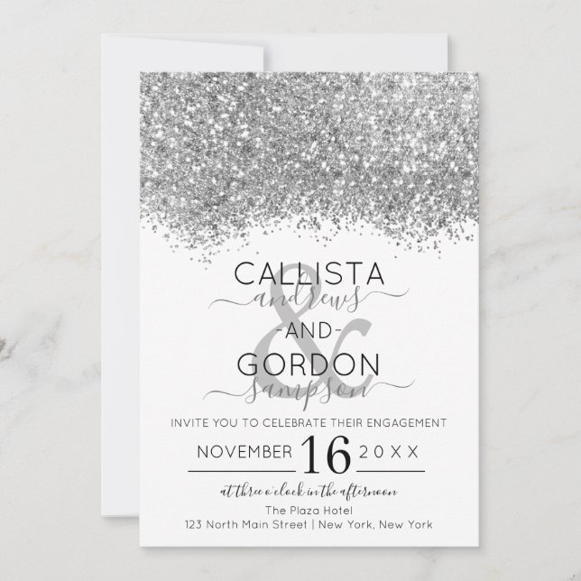 Luxury Silver White Glitter Confetti Engagement Invitation (Front)