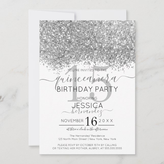 Luxury Silver White Glitter Confetti Quinceañera Invitation (Front)