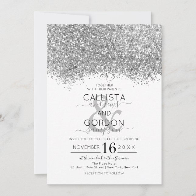 Luxury Silver White Glitter Confetti Wedding Invitation (Front)