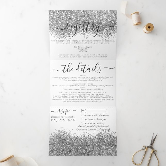 Luxury Silver White Glitter Registry Detail RSVP Tri-Fold Invitation (Inside)