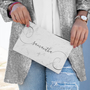 Luxury Silver White Marble Curly Signature Name Accessory Pouch