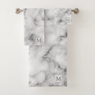 Luxury Silver White Marble Monogrammed Bath Towel Set