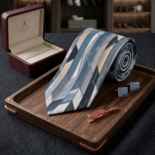 Luxury Slate Blue Marble Geometric Mosaic Tie (Creator Uploaded)