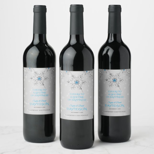 Luxury Snowflakes Crystals Silver Pearls Wedding Wine Label (Bottles)