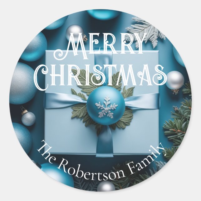 Luxury Soft Light Blue & Silver Christmas Gifts  Classic Round Sticker (Front)