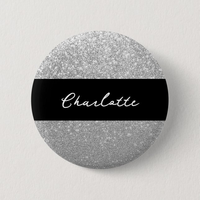 Luxury Sparkle Silver Glitter Name 6 Cm Round Badge (Front)