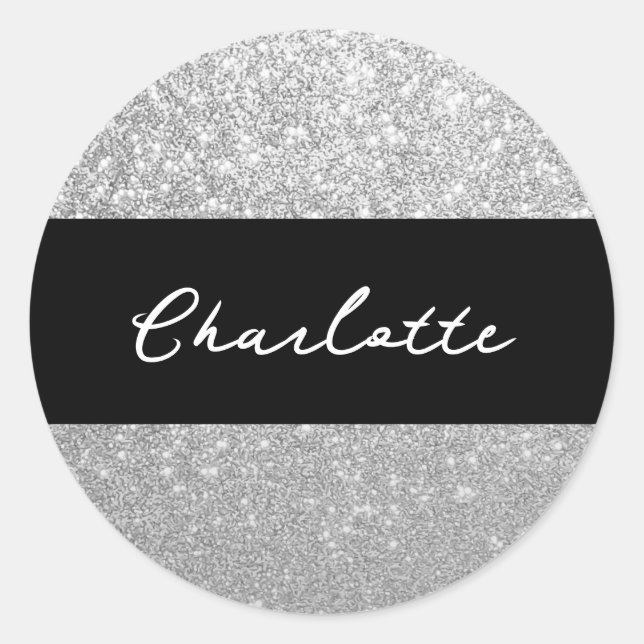 Luxury Sparkle Silver Glitter Name Classic Round Sticker (Front)
