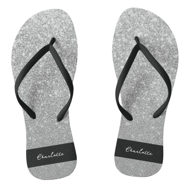 Luxury Sparkle Silver Glitter Name Flip Flops (Footbed)