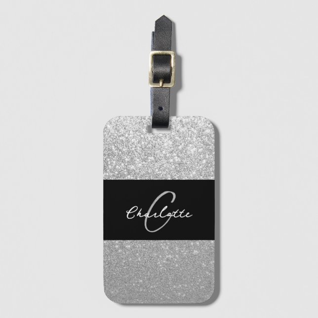 Luxury Sparkle Silver Glitter Name Luggage Tag (Front Vertical)