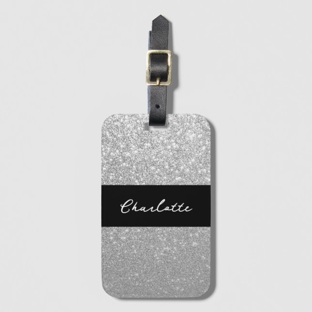 Luxury Sparkle Silver Glitter Name Luggage Tag (Front Vertical)