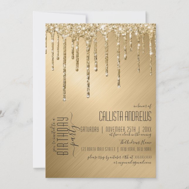 Luxury Sparkly Gold Glitter Drips Birthday Party Invitation (Front)