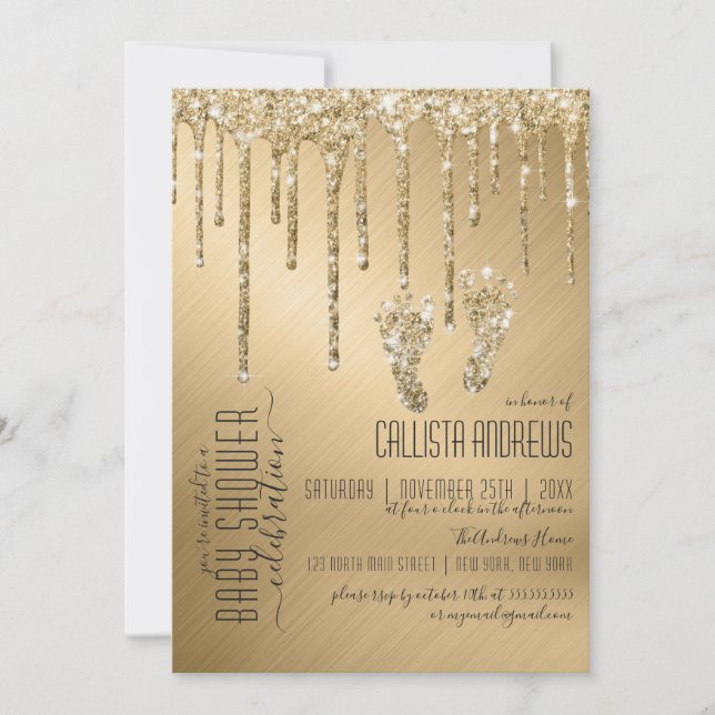 Luxury Sparkly Gold Glitter Drips Foot Baby Shower Invitation (Front)