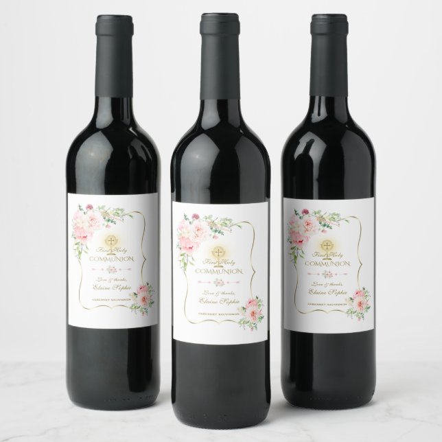 Luxury Spring Blush Floral Gold Holy Communion Wine Label (Bottles)