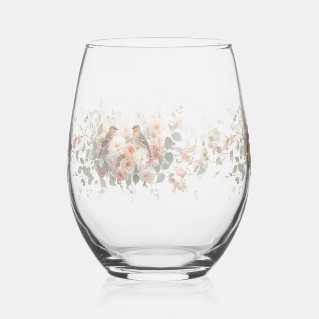 Luxury Spring Wildflower bird Rose Garden Seamless Stemless Wine Glass (Front)