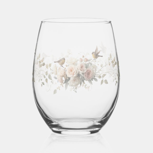 Luxury Spring Wildflower bird Rose Garden Seamless Stemless Wine Glass (Left)