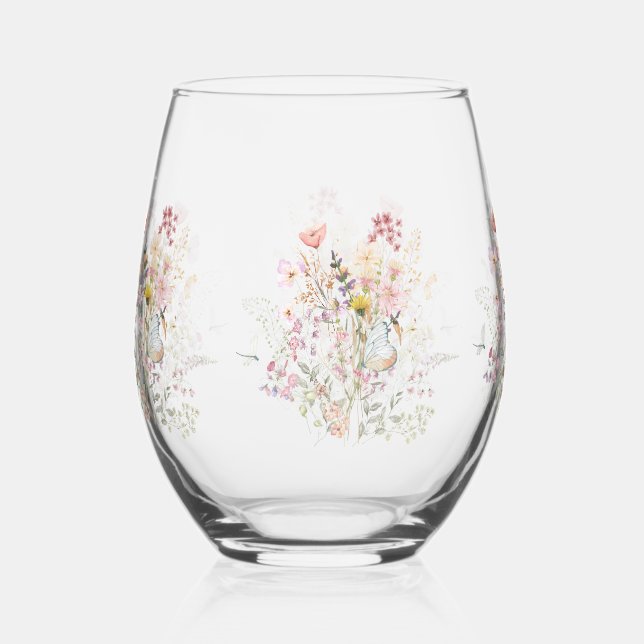 Luxury Spring Wildflower Butterfly Rose Garden  Stemless Wine Glass (Front)