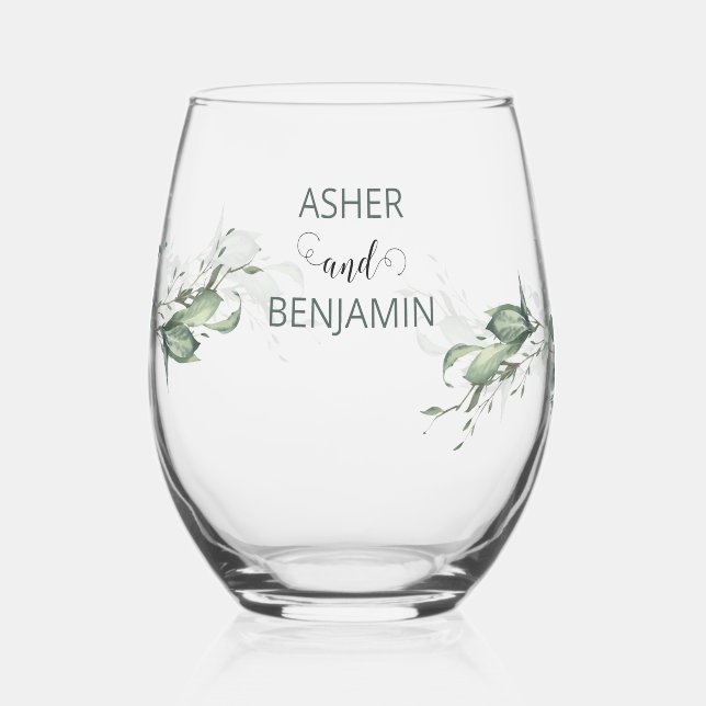 Luxury Spring Wildflower Ivy Rose Garden wedding Stemless Wine Glass (Left)