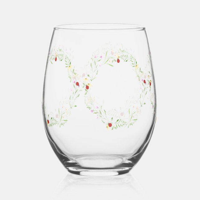 Luxury Spring Wildflower ladybug Garden Pattern Stemless Wine Glass (Front)