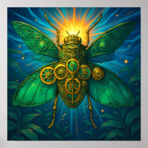 Luxury Steampunk Art: Gilded Emerald Insect Poster
