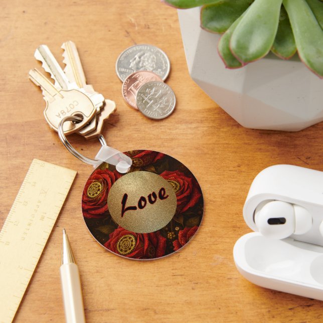Luxury Steampunk Roses Romantic Gold Gears Key Ring (Desk)