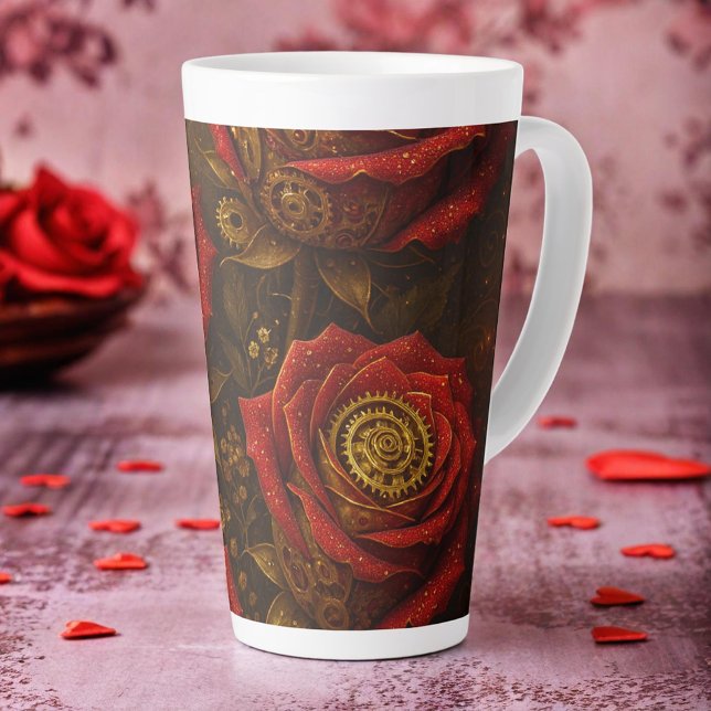 Luxury Steampunk Roses Romantic Gold Gears Latte Mug (Creator Uploaded)
