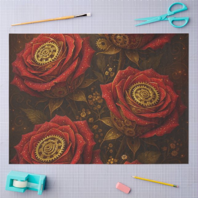 Luxury Steampunk Roses Romantic Gold Gears Tissue Paper (Craft)