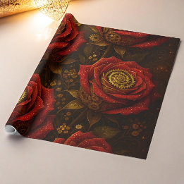 Luxury Steampunk Roses Romantic Gold Gears Wrapping Paper