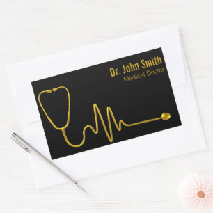 Luxury Stethoscope ECG Wave EKG Line Medical Gold Rectangular Sticker