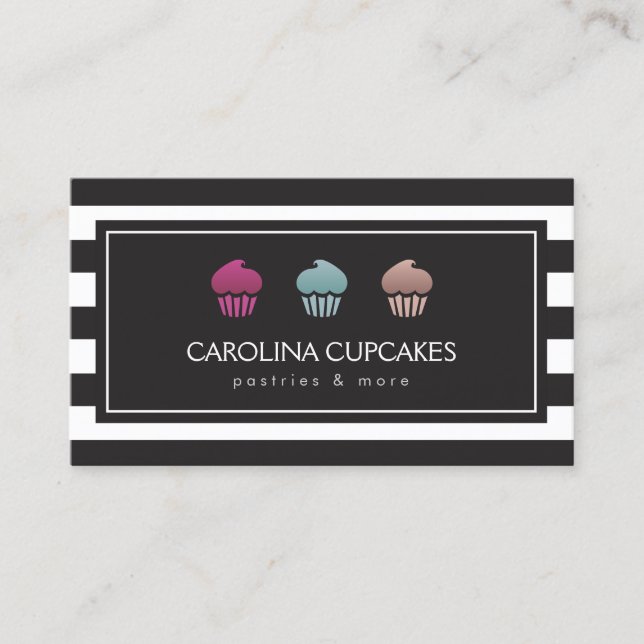 Luxury Striped Cupcake Trio Bakery Business Card (Front)