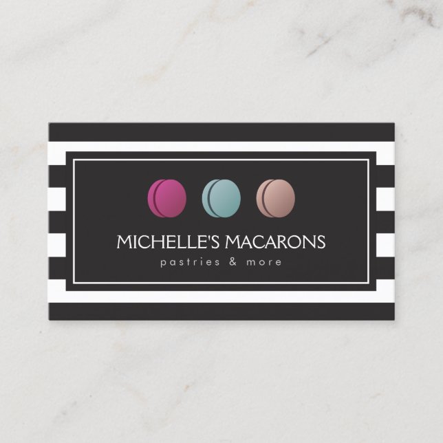 Luxury Striped French Macaron Trio Logo for Bakery Business Card (Front)