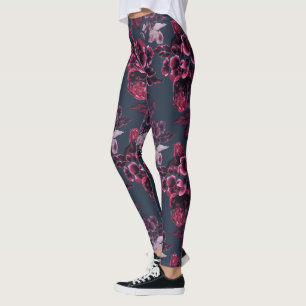 Luxury Stylish Navy Blue Burgundy Floral Pattern Leggings