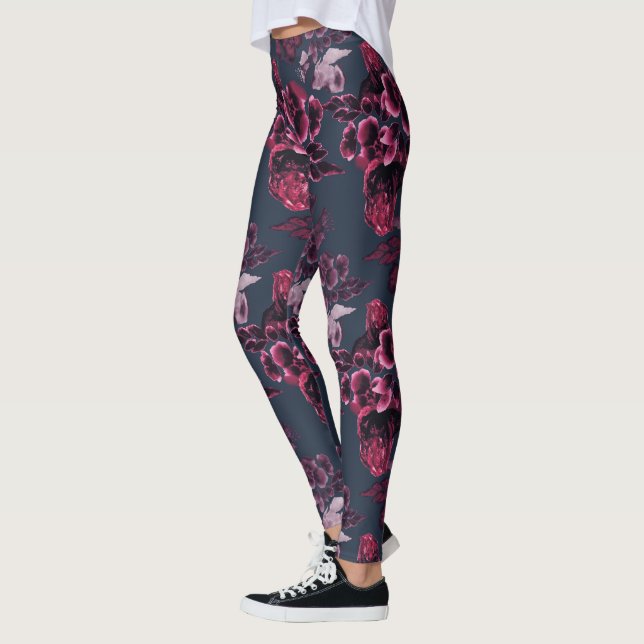 Luxury Stylish Navy Blue Burgundy Floral Pattern Leggings (Left)