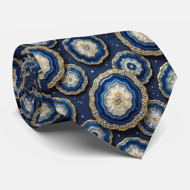 Luxury Suit Tie | Navy Blue + Gold Geode Neck Tie (Rolled)