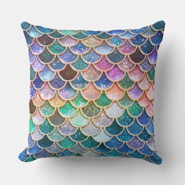 Luxury summerly multicolor Glitter Mermaid Scales Cushion (Front)