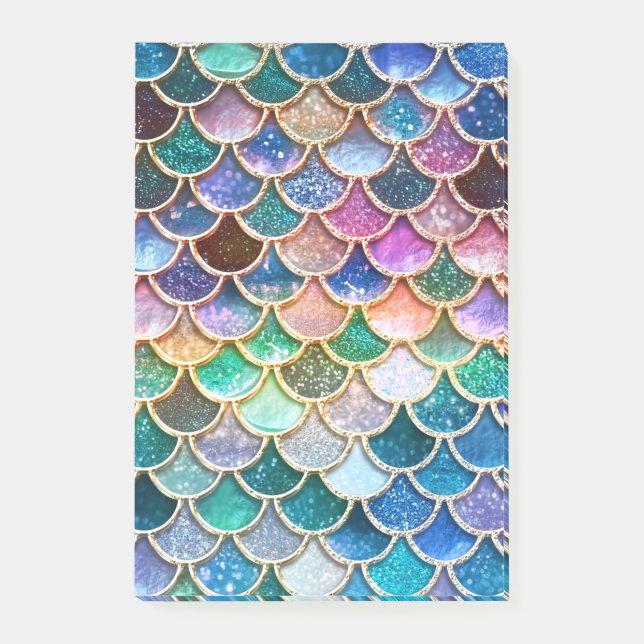 Luxury summerly multicolor Glitter Mermaid Scales Post-it Notes (Front)