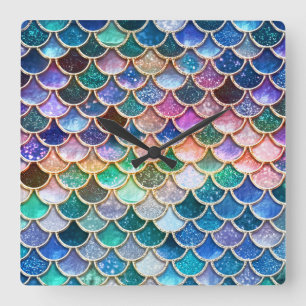 Luxury summerly multicolor Glitter Mermaid Scales Square Wall Clock