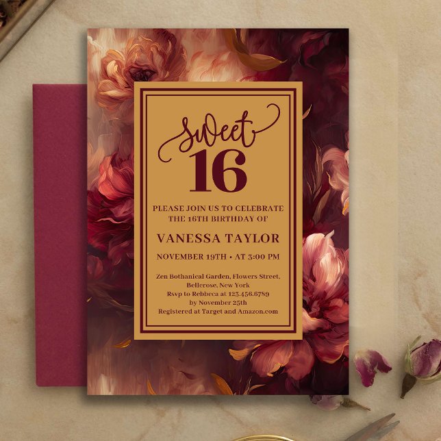 Luxury Sweet 16 Burgundy Floral Gold Invitation (Luxury Sweet 16 Burgundy Floral Gold Invitation)