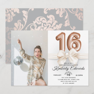 Luxury Sweet 16 Rose gold Balloons Photo Invitation