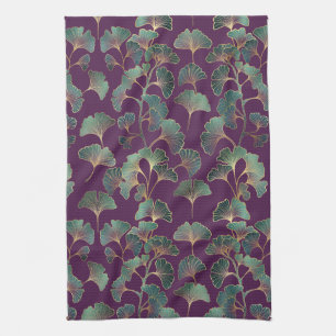 Luxury Tael Ginkgo Leaves on Deep Purple (1) Tea Towel